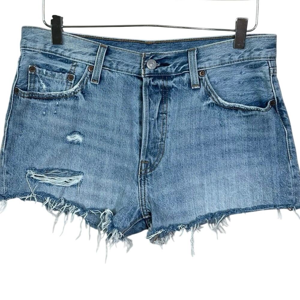Levi's | 501 Light Wash Denim Distressed Cut Off Blue Jean Button Fly Shorts 29